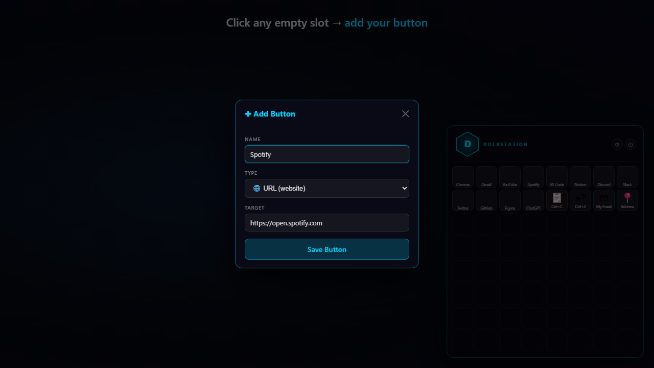 DeskStation add button dialog showing button type options